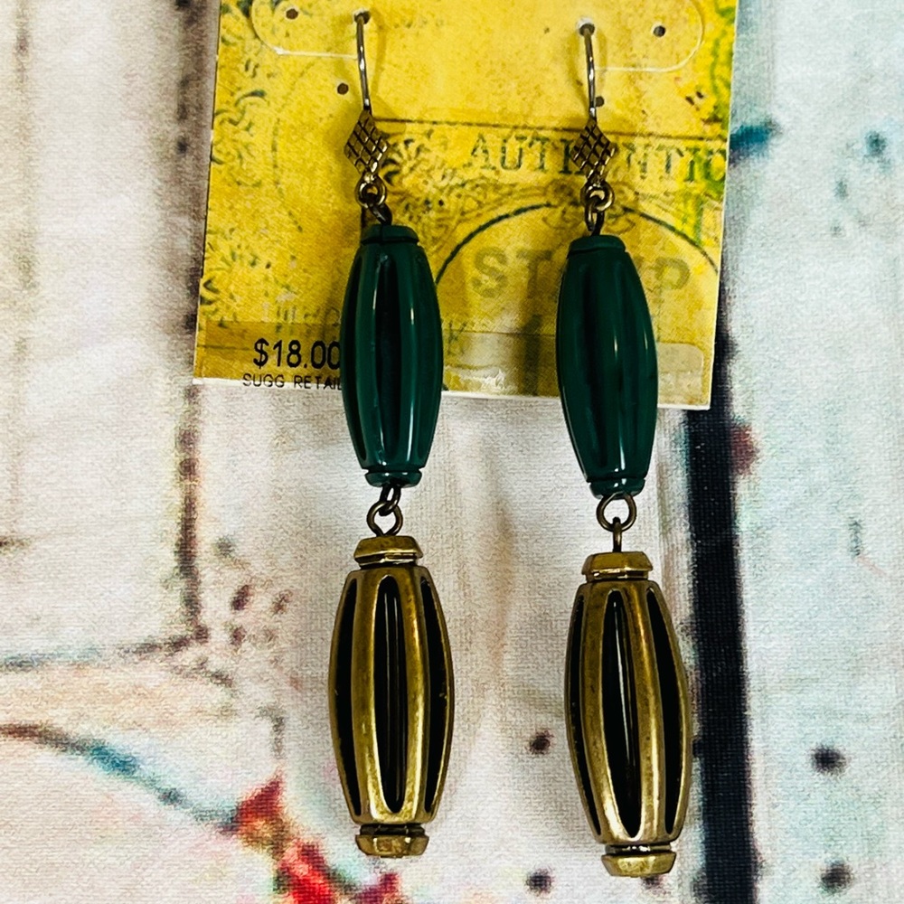 New, Stamp 10 Green And Bronze Color Barrel Beads Dangle Pierced Earrings